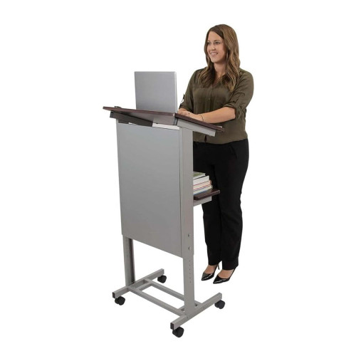 Adjustable Height Lectern Podium | Rolling Desk with Storage Shelf | Ergonomic Standing Desk Frame for Office, Classroom, Laptop, Teaching, Presentations & More (Dark Walnut)