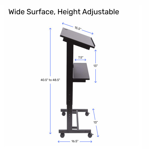 Mobile Adjustable Height Rolling Lectern Podium with Heavy Duty Steel Frame (Black Frame/Black Shelves, 25.5" Wide)