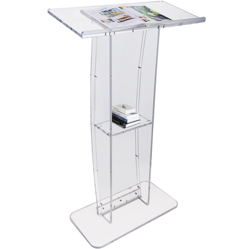 Acrylic Podium, 47" Clear Acrylic Podium Stand with Wide Reading Surface & Storage Shelf, Floor-Standing Clear Pulpits Acrylic for Church Office School