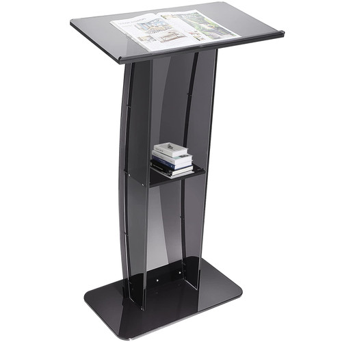 Acrylic Podium, 47" Acrylic Podium Stand with Wide Reading Surface & Storage Shelf, Floor-Standing Clear Pulpits Acrylic for Church Office School, Black