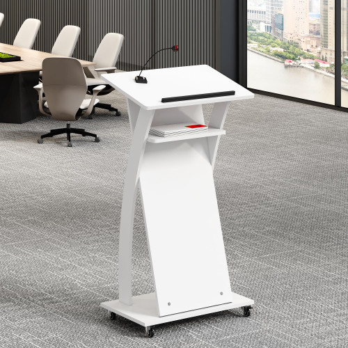 Mobile Wooden Podium Stand with Wheels Lectern White 16MM Wood Board Elegant Design Wooden Churche Pulpit