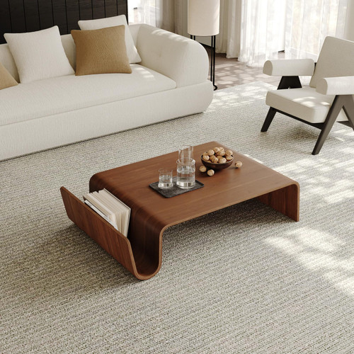 Curved Coffee Table, 41.34" Square Solid Wood Coffee Tables Tea Table, Fully Assembled Desk with Walnut Layout, Irregular Shaped Wooden Center Table for Living Room Home Office Furniture