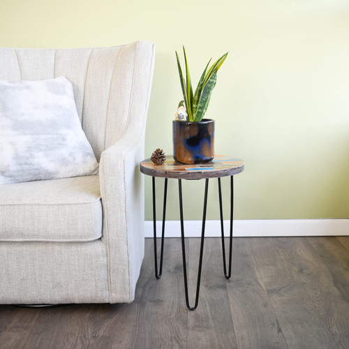 Reclaimed Wood End Table, Round Hairpin Leg Side Table, 16" L x 16" W x 20.5" H, Night Stand, Recycled Boat Wood for Living Room, Bedroom, Home Office, Patio