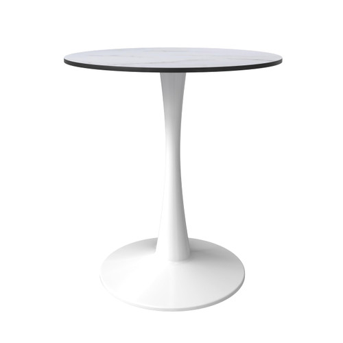 Bristol 27" Wide Round Dining Table, Modern MDF Wood Top & White Metal Pedestal Base Gloss Finish Accent Table Mid-Century Café Table, Kitchen Dining Room Furniture, Marbled White