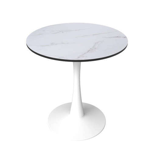 Bristol 27" Wide Round Dining Table, Modern MDF Wood Top & White Metal Pedestal Base Gloss Finish Accent Table Mid-Century Café Table, Kitchen Dining Room Furniture, Marbled White