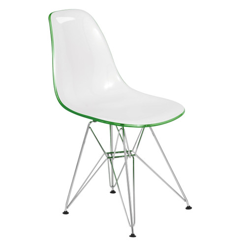 Cresco Acrylic Dining Chair, Modern Chrome Eiffel Base and Curved Back Design, Ergonomic and Lightweight Accent Side Chair for Mid-Century Home, Kitchen, and Café (White Green, Singles)