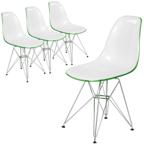 Cresco Acrylic Dining Chair, Modern Chrome Eiffel Base and Curved Back Design, Ergonomic and Lightweight Accent Side Chair for Mid-Century Home, Kitchen, and Café (White Green, Set of 4)