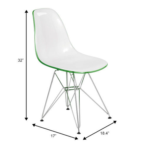 Cresco Acrylic Dining, Modern Chrome Eiffel Base and Curved Back Design, Ergonomic and Lightweight Accent Side Chair for Mid-Century Home, Kitchen, and Café (White Green, Set of 2)