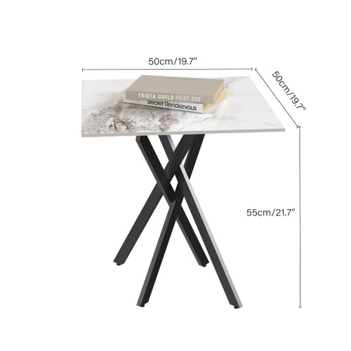 White Marble Side Coffee Table with Metal Legs, Samll Sintered Stone Square Modern End Table for Living Room Sofa Table Home Bed Office (1 Piece, 20"×20"×22")