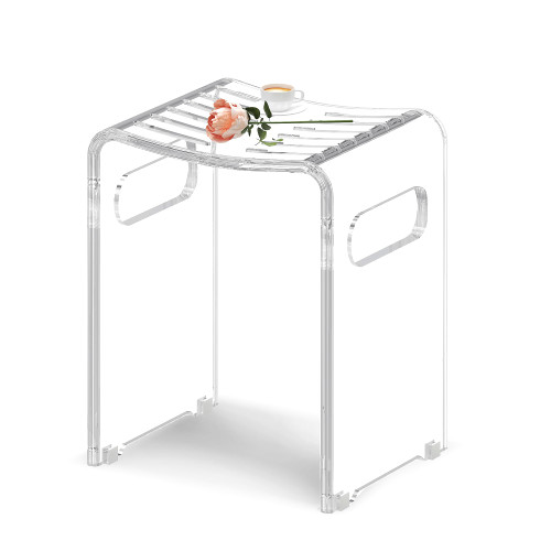 Modern Acrylic Shower Bench, Clear Stool with Anti-Skip Silicone Buckles and 12 Pcs Water Leaking Hole 350 LBS Weight Capacity