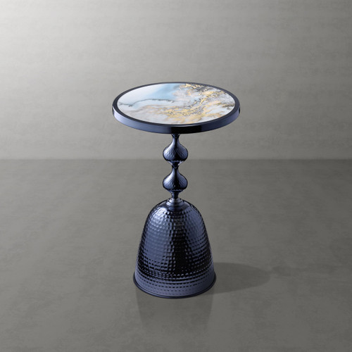 Modern 25" Tall Round End Table with Decorated Tabletop and Iron Metal Base, Accent Furniture, Elegant Pedestal Stand for Living Room, Home Office, Chrome Blue