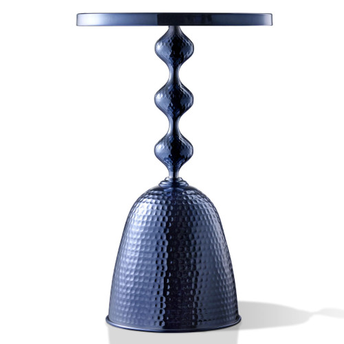 Modern 25" Tall Round End Table with Decorated Tabletop and Iron Metal Base, Accent Furniture, Elegant Pedestal Stand for Living Room, Home Office, Chrome Blue