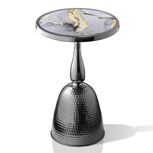 Modern 24" Tall Round End Table with Decorated Tabletop and Iron Metal Base, Accent Furniture, Elegant Pedestal Stand for Living Room, Home Office, Black with Faux Marble