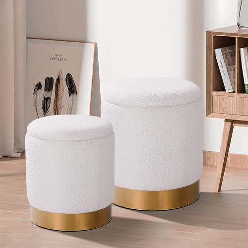 Sherpa Round Ottoman Set of 2 with Storage, 12 Gallon Hidden Storage, Multi-Functional Footrest Stool, Vanity Seat, Coffee Table, No Assembly Required, Holds 300lbs, Teddy White