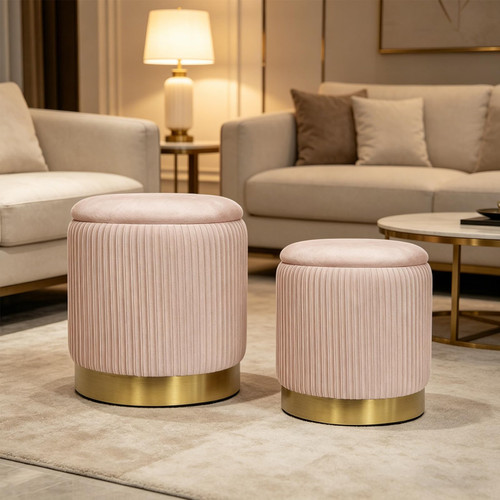 Pink Velvet Round Ottoman Set of 2 with Storage for Living Room Small Foot Stool Ottoman for Living Room Small Coffee Table,Vanity Stool with Storage for Bedroom Dorm