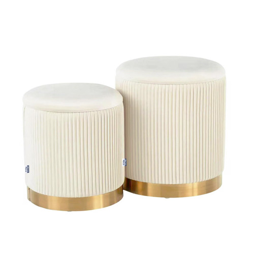 Round Ottoman with Storage Set of 2 Vanity Stool Foot Rest with Removable Lid White Velvet Storage Ottoman Stool for Living Room and Dorm