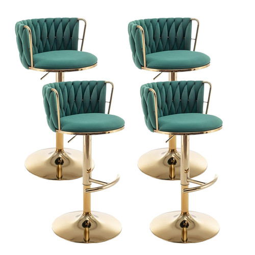 Gold Velvet Bar Stools Set of 4, Swivel Counter Height Bar Stools with Back, Adjustable Woven Barstools for Kitchen Island, Pub, Club (Green)