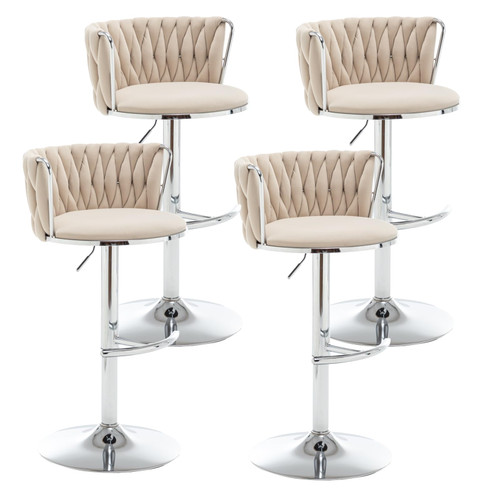 Velvet Bar Stools Set of 4, Swivel Counter Height Bar Stools with Back, Adjustable Woven Barstools for Kitchen Island, Pub, Club (Beige)