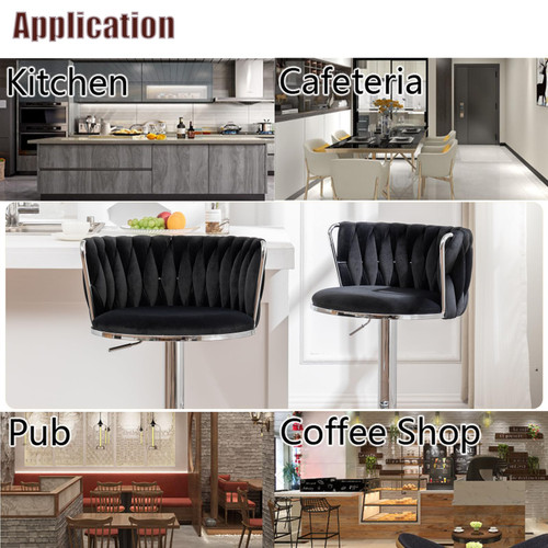 Velvet Bar Stools Set of 3, Swivel Counter Height Bar Stools with Back, Adjustable Woven Barstools for Kitchen Island, Pub, Club (Black)