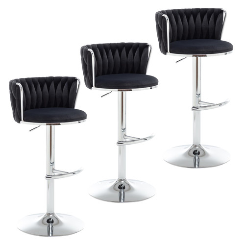 Velvet Bar Stools Set of 3, Swivel Counter Height Bar Stools with Back, Adjustable Woven Barstools for Kitchen Island, Pub, Club (Black)