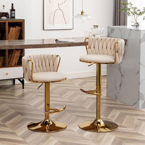 Gold Velvet Bar Stools Set of 3, Swivel Counter Height Bar Stools with Back, Adjustable Woven Barstools for Kitchen Island, Pub, Club (Beige)