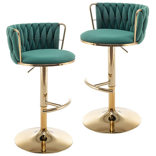 Gold Velvet Bar Stools Set of 2, Swivel Counter Height Bar Stools with Back, Adjustable Woven Barstools for Kitchen Island, Pub, Club (Green)
