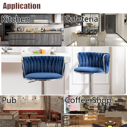 Velvet Bar Stools Set of 2, Swivel Counter Height Bar Stools with Back, Adjustable Woven Barstools for Kitchen Island, Pub, Club (Blue)