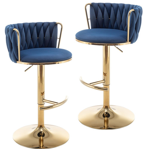 Gold Velvet Bar Stools Set of 2, Swivel Counter Height Bar Stools with Back, Adjustable Woven Barstools for Kitchen Island, Pub, Club (Blue)