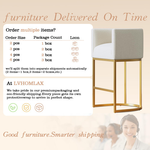 Modern Counter Height Bar Stools,Bar Stools Set of 4,Fabric Upholstered Barrel Barstools with Backs,26'' Kitchen Island Chairs,Metal Gold Frames,Off White Linen
