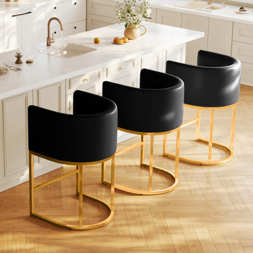 Modern Counter Height Bar Stools,Bar Stools Set of 3,PU Leather Upholstered Barrel Barstools with Backs,26'' Kitchen Island Chairs,Metal Gold Frames,Black Leather