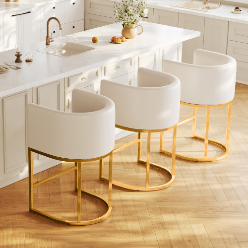 Modern Counter Height Bar Stools,Bar Stools Set of 3,PU Leather Upholstered Barrel Barstools with Backs,26'' Kitchen Island Chairs,Metal Gold Frames,Beige White Leather