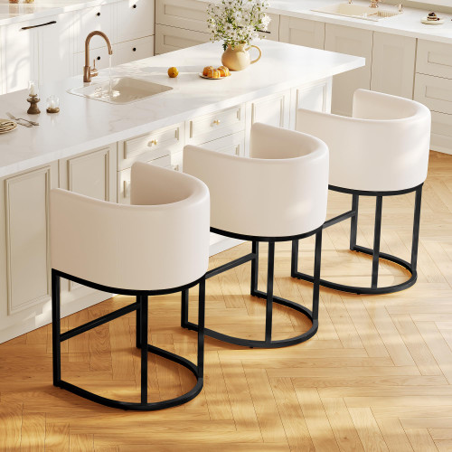 Modern Counter Height Bar Stools,Bar Stools Set of 3,PU Leather Upholstered Barrel Barstools with Backs,24'' Kitchen Island Chairs,Metal Black Frames,Beige White Leather