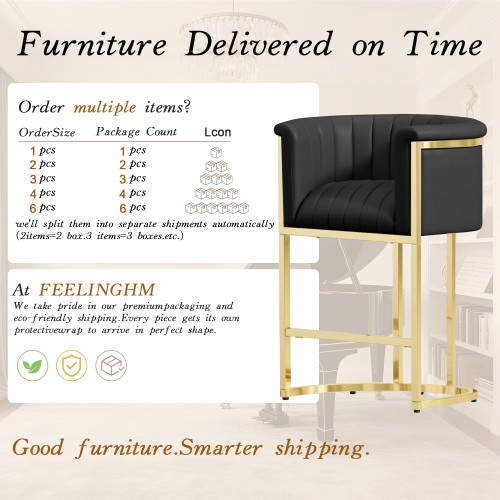 Modern Counter Height Bar Stools,Bar Stools Set of 2,PU Leather Upholstered Barrel Barstools with Backs and Arms,26'' Kitchen Island Chairs,Mirror Champagne Gold Base,Ink Black Leather