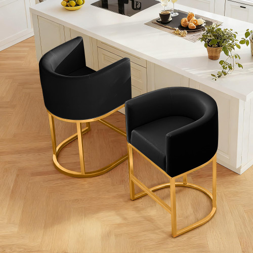 Modern Counter Height Bar Stools,Bar Stools Set of 2,PU Leather Upholstered Barrel Barstools with Backs,26'' Kitchen Island Chairs,Metal Gold Frames,Black Leather