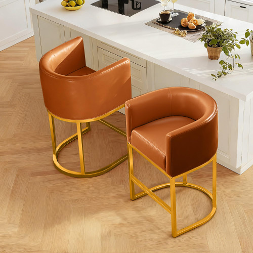 Modern Counter Height Bar Stools,Bar Stools Set of 2,PU Leather Upholstered Barrel Barstools with Backs,24'' Kitchen Island Chairs,Metal Gold Frames,Camel Brown Leather