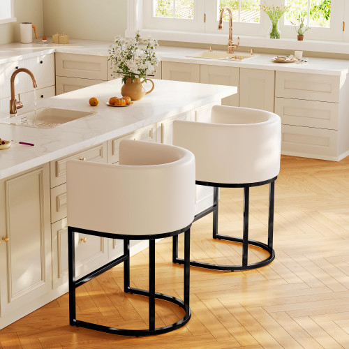 Modern Counter Height Bar Stools,Bar Stools Set of 2,PU Leather Upholstered Barrel Barstools with Backs,24'' Kitchen Island Chairs,Metal Black Frames,Beige White Leather