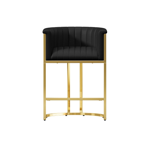 Modern Counter Height Bar Stools,Bar Stools Set of 1,PU Leather Upholstered Barrel Barstools with Backs and Arms,26'' Kitchen Island Chairs,Mirror Champagne Gold Base,Ink Black Leather