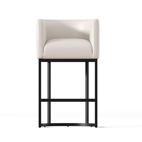 26" Modern Counter Height Bar Stools,UP Leather Upholstered Barrel Barstools with Backs,Island Chairs bar stools Set of 1,Metal Black Frames,Beige White Leather