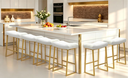 White & Gold Counter Height Bar Stools Set of 6 for Kitchen Counter Backless Kitchen Island Barstools with Upholstered Faux Leather Seat and Gold Base Modern 24 inch Bar Chairs No Back