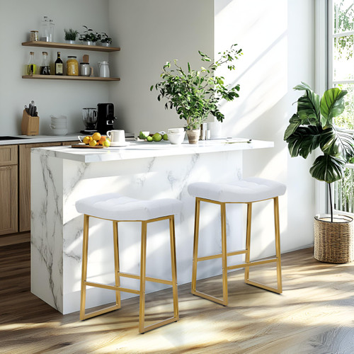 White & Gold Counter Height Bar Stools Set of 4 for Kitchen Counter Backless Kitchen Island Barstools with Upholstered Faux Leather Seat and Gold Base Modern 24 inch Bar Chairs No Back