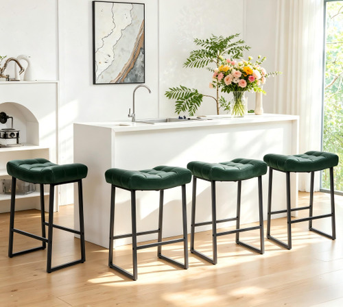 Modern Bar Stools Set of 4 for Kitchen Counter 24 inch Counter Height Backless Barstools with Upholstered Faux Leather Saddle Seat and Metal Frame Industrial Bar Chairs, Dark Green