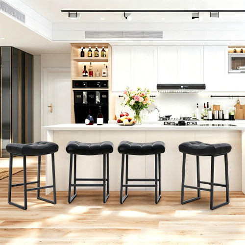 Black Bar Stools Set of 4 for Kitchen Island Counter Height Stools Modern Backless Barstools with Upholstered Faux Leather Saddle Seat and Metal Frame Industrial Bar Chairs, 24 inch