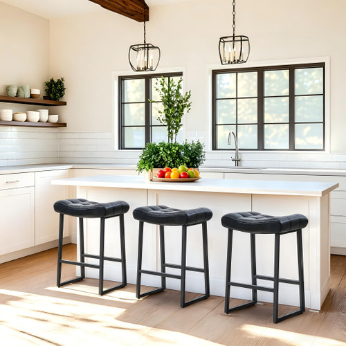 Black Bar Stools Set of 2 for Kitchen Island Counter Height Stools Modern Backless Barstools with Upholstered Faux Leather Saddle Seat and Metal Frame Industrial Bar Chairs, 24 inch