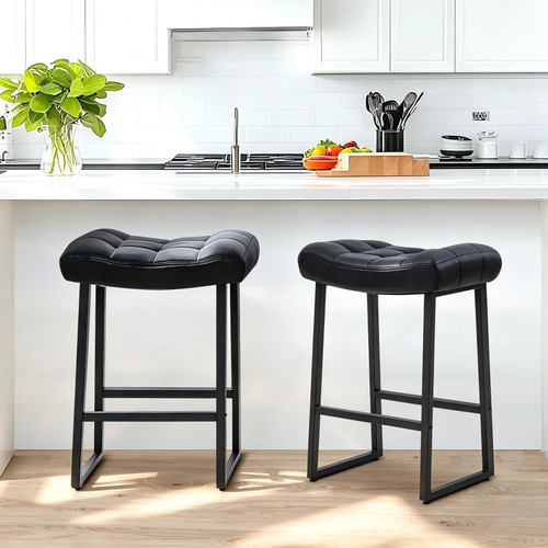 Black Bar Stools Set of 2 for Kitchen Island Counter Height Stools Modern Backless Barstools with Upholstered Faux Leather Saddle Seat and Metal Frame Industrial Bar Chairs, 24 inch