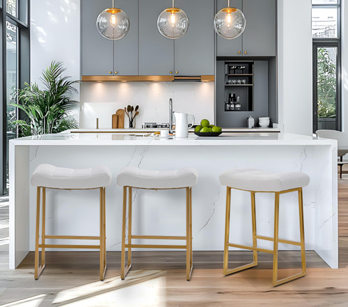 White & Gold Counter Height Bar Stool for Kitchen Counter Modern Backless Barstool with Upholstered Faux Leather Seat and Metal Frame Industrial 24 inch Bar Chair