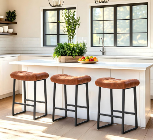 Counter Height Bar Stool for Kitchen Counter Modern Backless Barstool with Upholstered Faux Leather Seat and Metal Frame Industrial 24 inch Bar Chair, Brown