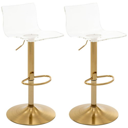 Acrylic Bar Stools with Mid Back, Set of 2, Transparent Adjustable Swivel Airlift Barstools, Counter Height Bar Chairs for Kitchen Dining Pub Cafe (Clear, Gold Base)