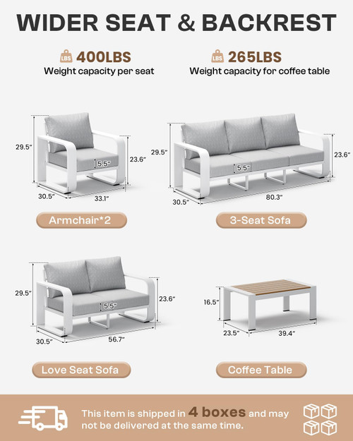 Oversized Aluminum Outdoor Furniture Set, Extra Large Patio Furniture Sofa Set 4.8” Widened Armrest & Ultra-Thick Cushions, 5 Pcs Modern Patio Sectional for Backyard, Porch, White