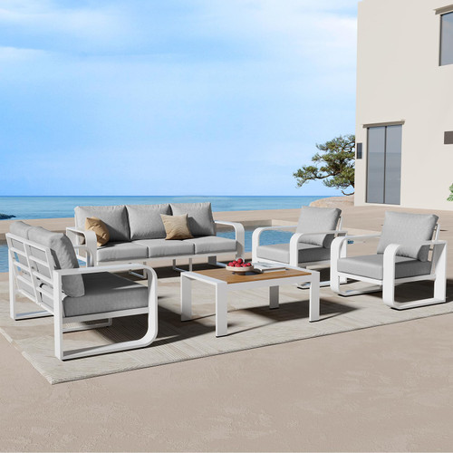 Oversized Aluminum Outdoor Furniture Set, Extra Large Patio Furniture Sofa Set 4.8” Widened Armrest & Ultra-Thick Cushions, 5 Pcs Modern Patio Sectional for Backyard, Porch, White