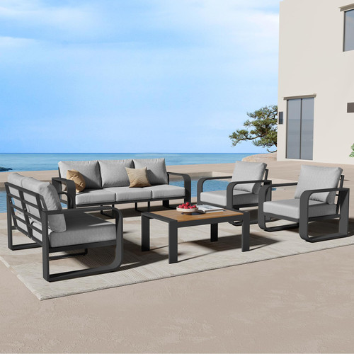 Oversized Aluminum Outdoor Furniture Set, Extra Large Patio Furniture Sofa Set 4.8” Widened Armrest & Ultra-Thick Cushions, 5 Pcs Modern Patio Sectional for Backyard, Porch, Gray
